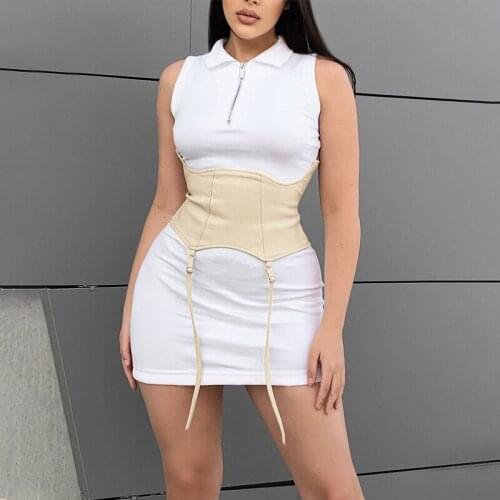 DSMTRC 2021 Summer Women Turn Down Collar Sleeveless Mini Dress Corset Patchwork Zipper Bodycon Sexy Streetwear Casual Y2K