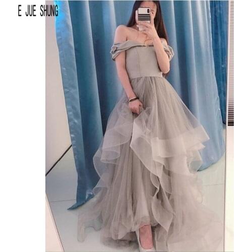 E JUE SHUNG Light Gray Evening Dresses Off the Shoulder Zipper Back Ruffles Formal Prom Gowns Party Dresses vestidos de fiesta
