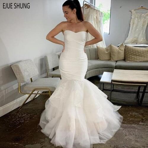 EJUE SHUNG Simple Strapless Wedding Dresses Open Back Lace Mermaid Wedding Gowns Cheap Summer Bridal Dresses Vestido De Novia
