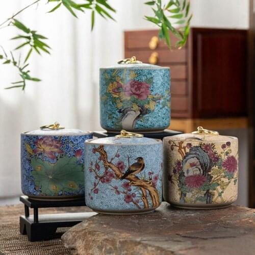 Enamel Ceramics Tea Caddy Floral Pattern Tea Canister Sealed Storage Jar Kitchen Tea Container Box Teaware Tool