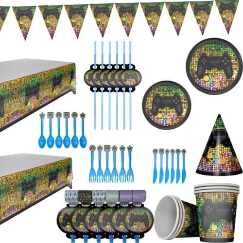 Game Theme Disposable Tableware Set Gamepad Baby Shower Kids Birthday Party Cup Napkin Banner Straw Decoration Supplies