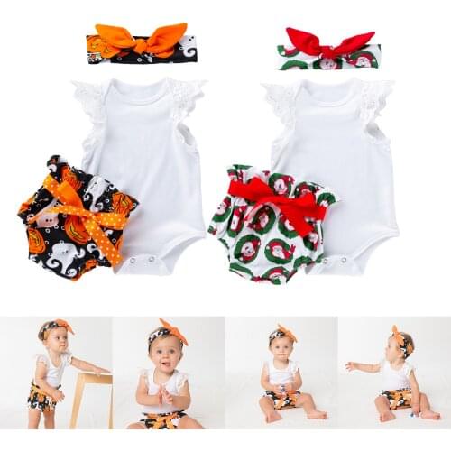Halloween Pumpkin|Christmas Set-Infant Toddler Baby Girl Dress Sleeveless Romper & Shorts Suit 3pcs Summer Clothes 0-24 Months