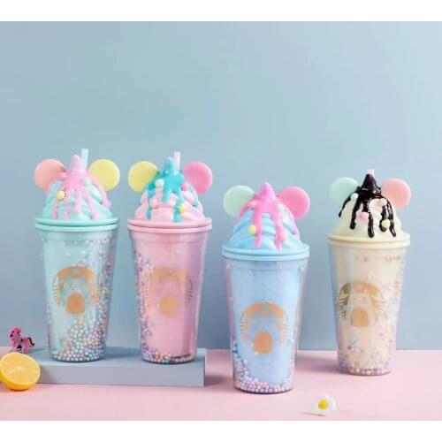Ice Cream Sippy Cup Cute Korean Plastic Water Bottle with Lid, Straw and Cat Ears A Solid Durable Double-decker Summer Ice Cup