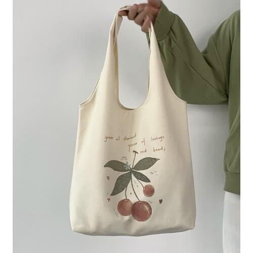 Literature Cherry Print Tote Open Shopping Bag for Lady Canvas Shoulder Bag Women Students Cotton Cloth Eco Shopper Bag