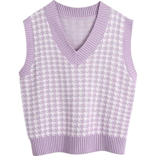 2021 New Women Fashion Oversized Houndstooth Knitted Vest Sweaters VintageSleeveless Side Vents Female Waistcoat Chic Tops