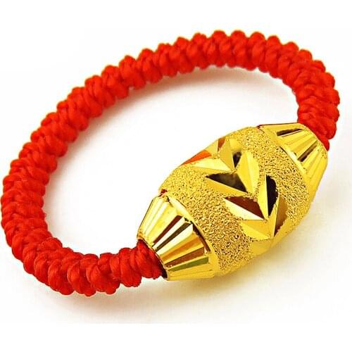 Solid 24k Yellow Gold Ring Women Luck Carved Ellipse Bead Weave Ring P6302