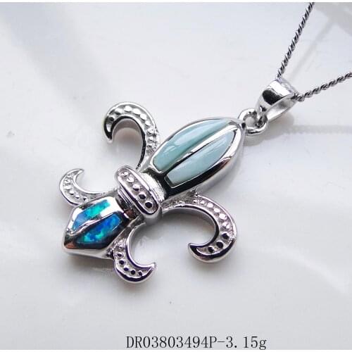 925 Sterling Silver Fleur de Lis Pendant Natural LARIMAR Gemstone Pendant Necklace For Gift