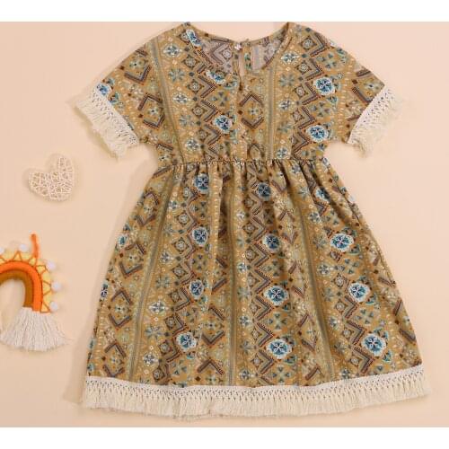 Short Sleeve Princess Dress For Baby Girls Dress Ethnic Geometric Printing Tassels Cuff Hemline Children Toddler Summer Outfits