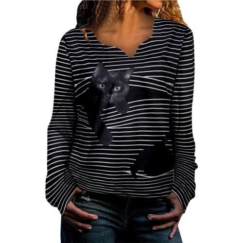Striped Cat Print Casual Long-sleeved Shirt Retro Classic Black White Striped O-neck Pullover S-3xl Tops Women Street Топы