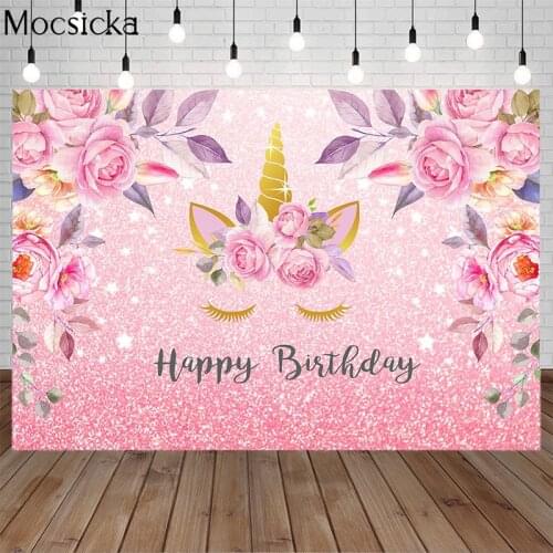 Pink Style Unicorn Themed Birthday Backdrop Baby Birthday Party Pink Floral Photo Background Glitter Shiny Cake Table Banner