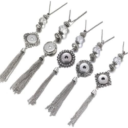 Flowers Round Long Chain Pendant Crystal Tassel Necklace for Women Winter Sweater snap necklace fit 18mm snap buttons jewelry