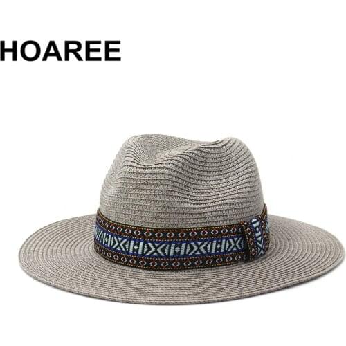 HOAREE Gray Panama Hat Summer Sun Hats for Women Beach Straw Hat for Ladies UV Protection Cap Chapeau Femme 2021 Fedora