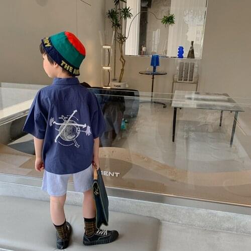 Baby Boys Handsome Shirts 2021 Summer Childrens Korean Print Short Sleeve Tops Casual Loose Cotton Shirt for Boy Kids Clothes