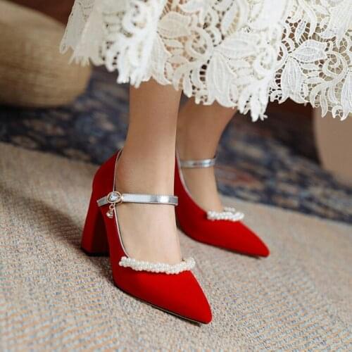 Elegant Sexy Women High Heels Flock Platform Spring Autumn Thick Heel Pointed Pumps Wedding Single Shoes Plus Size 32-48 2101