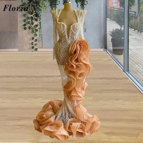 Vintage Dubai Celebrity Dresses Long Mermaid Beads Evening Gowns Long Sleeves Formal Special Occasion Dresses For Women Party