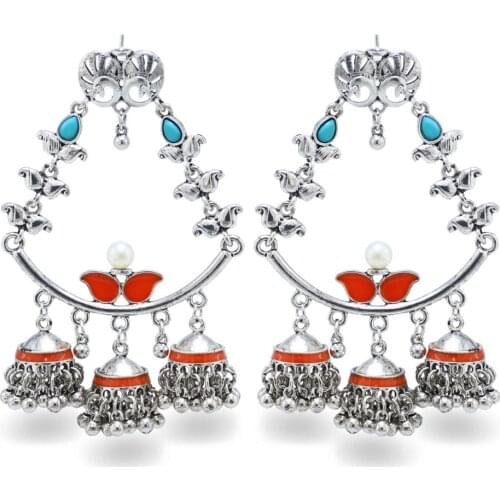 Vintage Silver Color Gypsy Indian Earrings For Women Bohemian Jewelry Ladies Butterfly Bells Tassel Hollow Out Jhumka Earrings