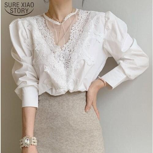 Korean Office Elegant Sexy Shirts Autumn Spring Long Sleeve Women Blouse with Lace Pullover Black Female White Tops Blusas 12451