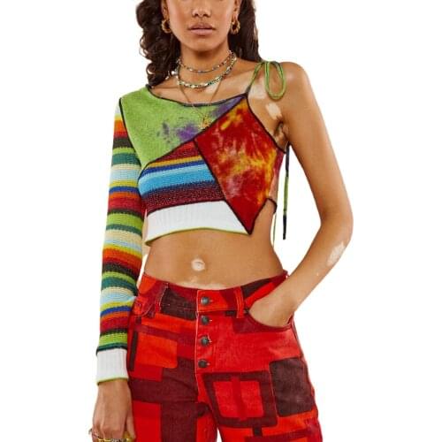 Womens Patchwork Stitch Crop Tops Sexy Long Sleeve Color Block Tie Up Knit T-Shirts