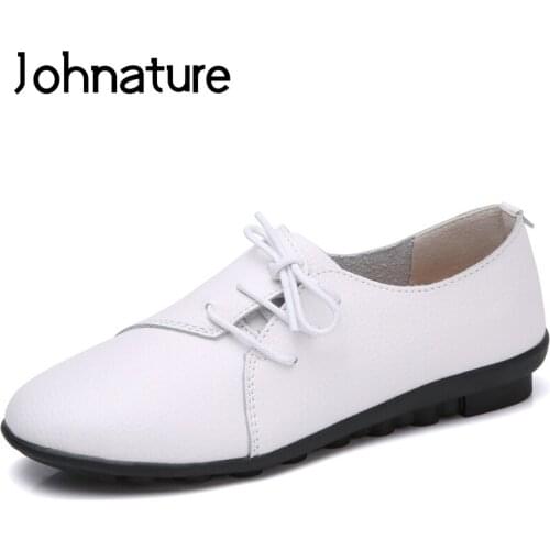 Johnature 2021 New Spring/autumn Handmade Genuine Leather Round Toe Lace-up Leisure Soft Sole Comfortable Women Shoes Pumps