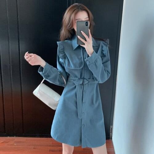 Women Elegant Black Blue Red Corduroy Dress Ruffles 2020 Spring Autumn Fashion Long Sleeve Lady Shirt Dresses Vestidos With Belt