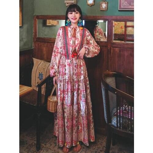 Summer New Style Bohemia Travel Holiday Beach Wind Print Long Dress Ethnic Wind Retro Ancient Ways Embroidered Tassel Dress
