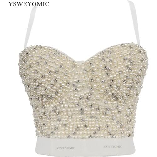 2021 dropshipping Sexy Women Pearl Rhinestones Crop Top Push Up Corset Tank Top Beaded Backless White Tops Women Corset Brallet