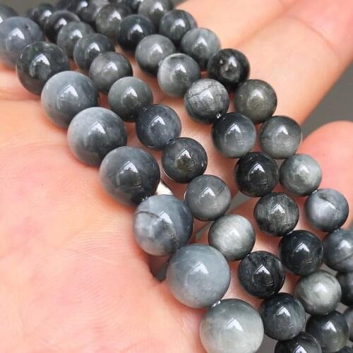 A+ Natural Gem Gray Hawks Eye Stone Smooth Round Loose Spacer Beads For Jewelry Making Beads 6 8 10 12mm 7.5Inches Diy Bracelet