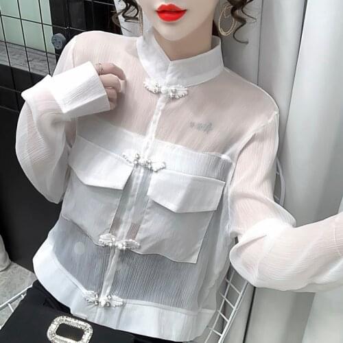 Blusas Mujer Mesh Transparent Long sleeve Women Blouse 2021 New Vintage Knot Button Diamond Loose Chiffon Sunscreen Shirt 985E