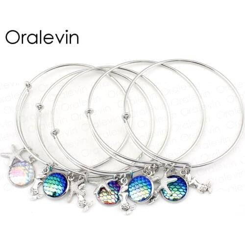 Fish Scale Mermaid Expandable Wire Bracelet Bangle Women Gift Summer Bracelet Jewelry (5 Colors available) 20Pcs/Lot, #LN1320-B