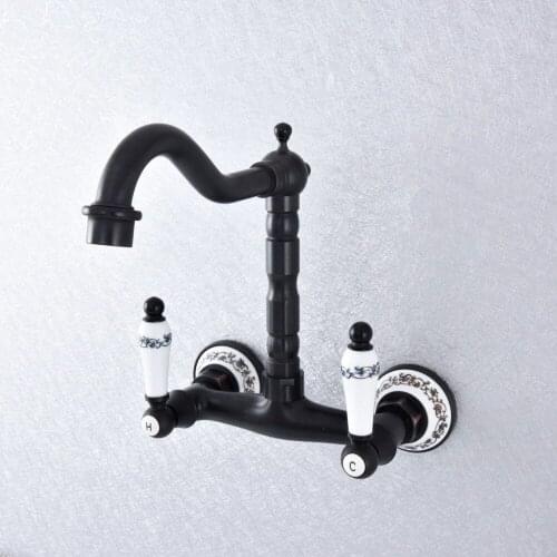 Oil Rubbed Bronze Bathroom Basin Sink Mix Tap Dual Handles Wall Mounted Kitchen Basin Sink Mixer Faucet Nsf762