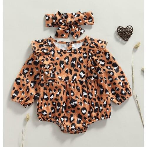Cute Princess New Baby Girls Romper Fashion Caramel Leopard Printed Ruffle Long Sleeve Jumpsuit and Headdress For Toddler Infant