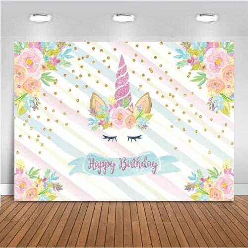 Unicorn Birthday Party Backdrop for Photography Flower Background for Photo Booth Studio Stripe Newborn Baby Shower Party Design