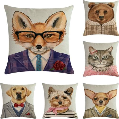 Mr Animal Vintage Cotton Linen Cute Pillow Cover Sofa Hot Sale Cat 45x45cm Dog Fox Throw Cushion Cover Home Decor Decoration
