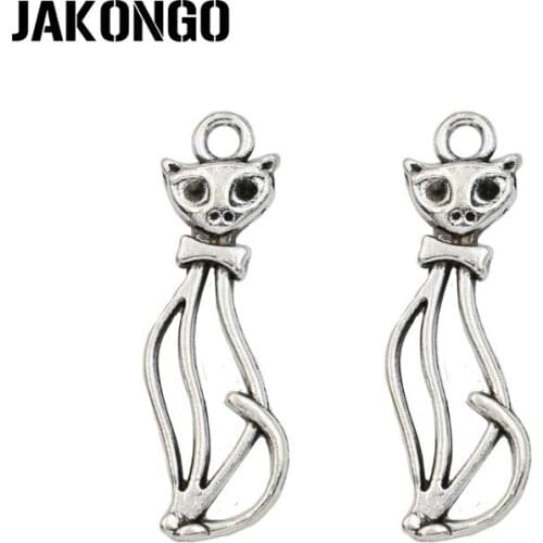 JAKONGO Antique Silver Plated Cat Charms Pendant for Jewelry Making Bracelet Accessories DIY 34x12mm 20PCS/lot