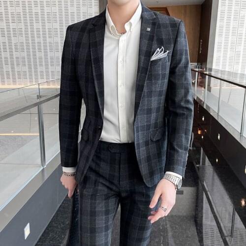 2 Pcs Set Blazers Jacket Pants / 2021 Fashion New Mens Casual Boutique Business Lattice Wedding Slim Suit Coat Trousers Dress