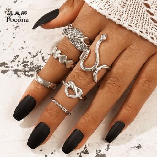 Tocona 6pcs/sets Charms Snake Joint Ring Sets for Women Men Cute Heart Leaf Hollow Out Geometry Silver Color Jewelry Anillo19607