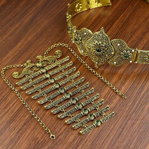 Sunspicems Vintage Retro Gold Color Caucasia Belt Breastplate Jewelry Sets For Traditional Wedding Gowns Full Green Crystal 2021