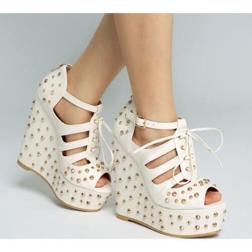 Summer Gold Metal Rivets Studs White Leather Super Wedge Heels Sandals Platform Front Lace up Ladies Punk Style Sandalias Shoes