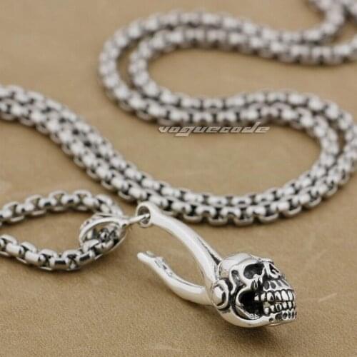 LINSION 925 Sterling Silver Mens Biker Rock Punk Skull Pendant 9E021