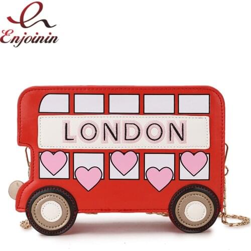 Cute Sightseeing Bus Design Embroidered Letter Cartoon Print Girls Chain Purse Mini Messenger Bag Ladies Shoulder Bag Handbag