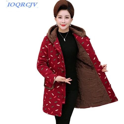 New Middle-aged women parkas 2018 winter Flocking Thicken Cotton jacket Plus size 5XL female Printed Hooded tops warm coats N183