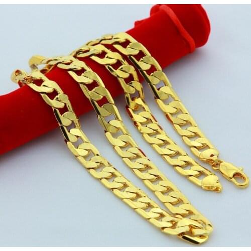 Pure Gold Color Men Chain Necklace Jewelry Plated 24K Gold 10mm Heavy Cuban Link Chain Necklace for Men 24"