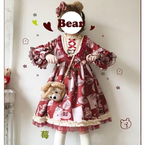 Sweet Lolita Strawberry Tableware Print Retro Kawaii Japanese Soft Girl Tea Party Lace Long Sleeve op Lantern Sleeve lo dress