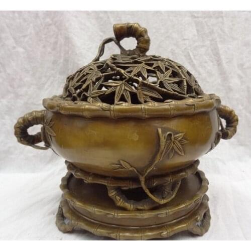 Xd 002221 14" Tibet Bronze Buddhist Collect Bamboo Pole Leaf Statue Incense Burner Censer