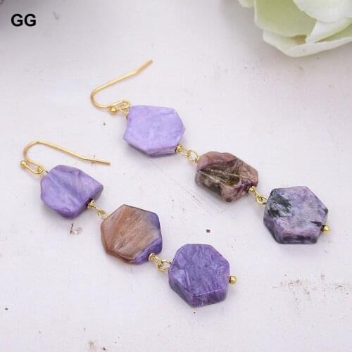 GuaiGuai Jewelry Natural Hexangular Purple Charoite Dangle Gold Plated Hook Earrings