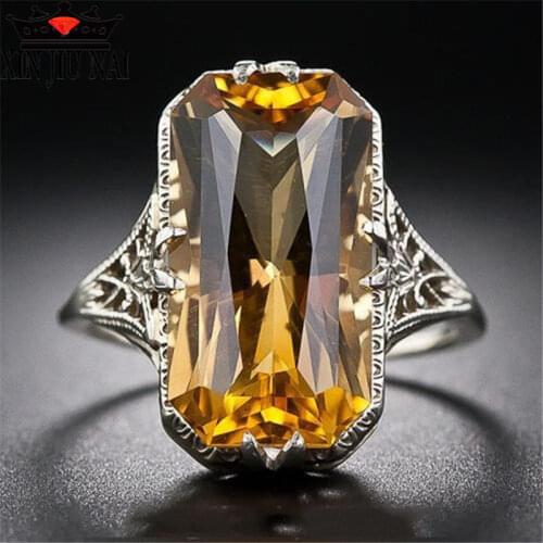 Unique Hollow-out Cartoon Character Design large Square Yellow Crystal Zircon Female Ring Top Quality Jewelry Fashion Gift