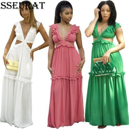 SSEURAT Women V-neck Ruffles Solid Hollow Out Maxi Dress Casual Summer Evening Party Dress