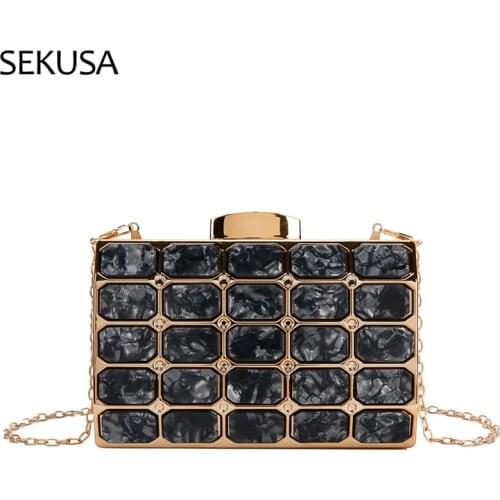 Acrylic Women Evening Bag Black Color Metal Stripped Small Day Clutch With Chain Shoulder Handbags Holder