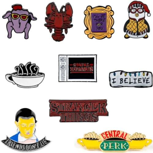 American TV Show Friends Joey Hugsy Penguin Brooches Central Perk Coffee Time Lapel Pins Stranger Things I BELIEVE Friend Brooch