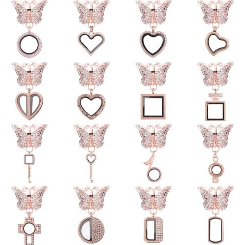 5pcs/lot Rose Golden Brooch butterfly Rhinestone Brooches with Glass Living Memory Lockets Fit Floating Charms Women Party Gift
